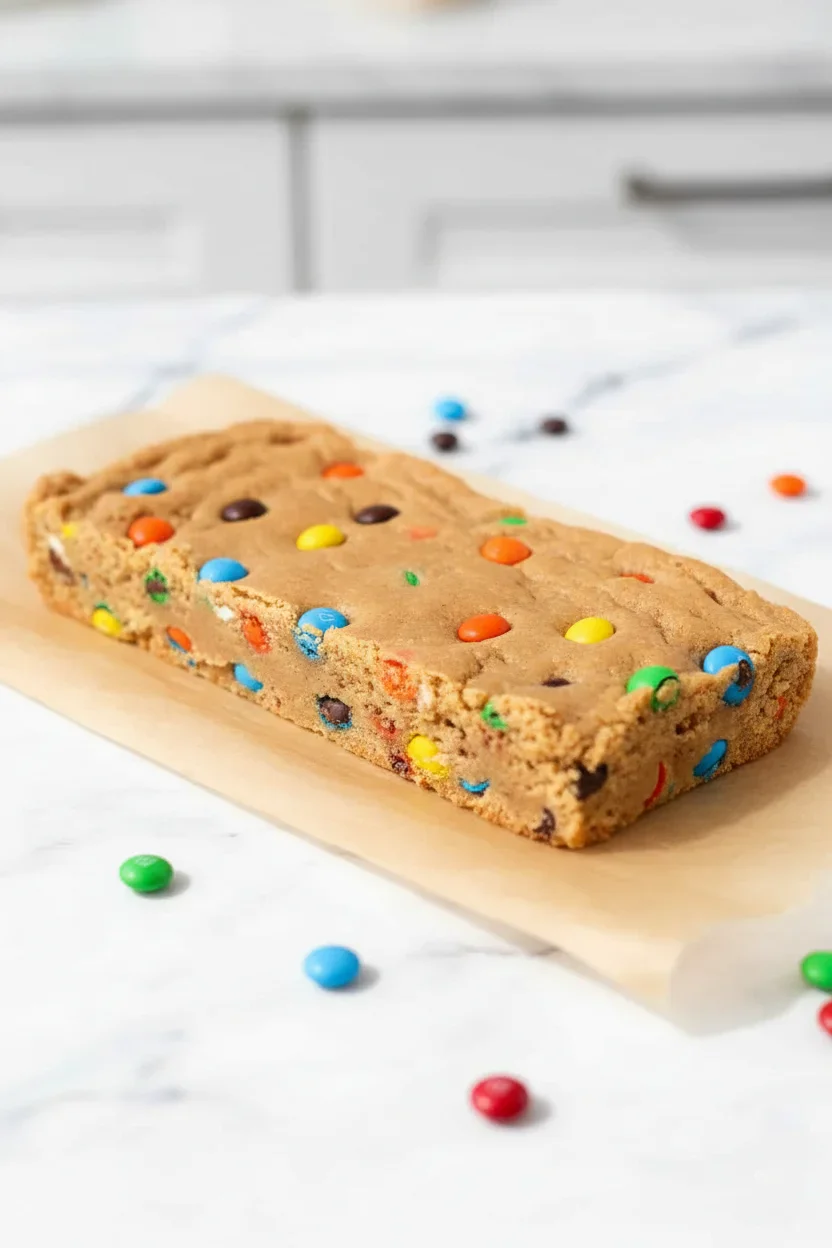 monsterproteinbarsSCALED-4-of-8.jpg Homemade cookie bar topped with colorful candy-coated chocolates on parchment paper.
