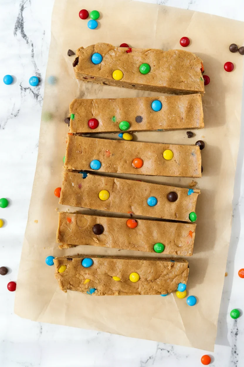 monsterproteinbarsSCALED-5-of-8.jpg Sliced cookie bar with M&Ms on parchment paper, scattered candies on marble surface.