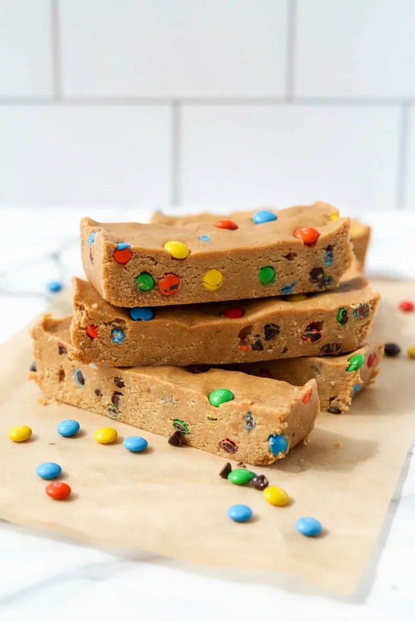 monsterproteinbarsSCALED-6-of-8.jpg Stack of cookie bars topped with colorful candy-coated chocolates on parchment paper, with scattered candies around.