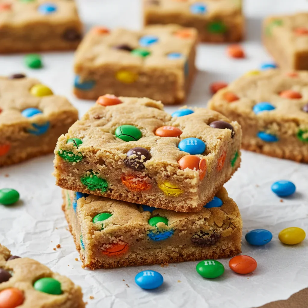 monsterproteinbarsSCALED-7-of-8.jpg Close-up of rectangular cookie bars topped with colorful candy-coated chocolates, on a light surface.