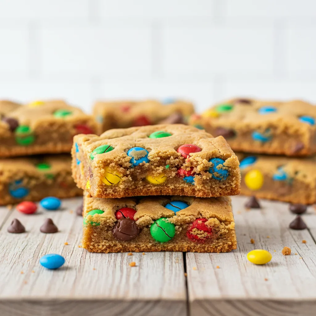 monsterproteinbarsSCALED-8-of-8.jpg Close-up of colorful candy-filled cookie bars with a bite taken out, on a wooden surface.