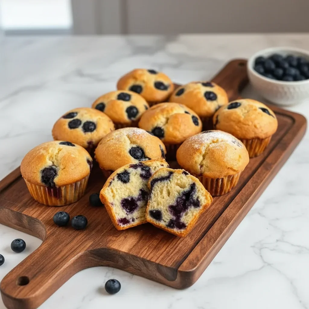 Fresh blueberry muffins on a wooden board with bowls of blueberries in the background.