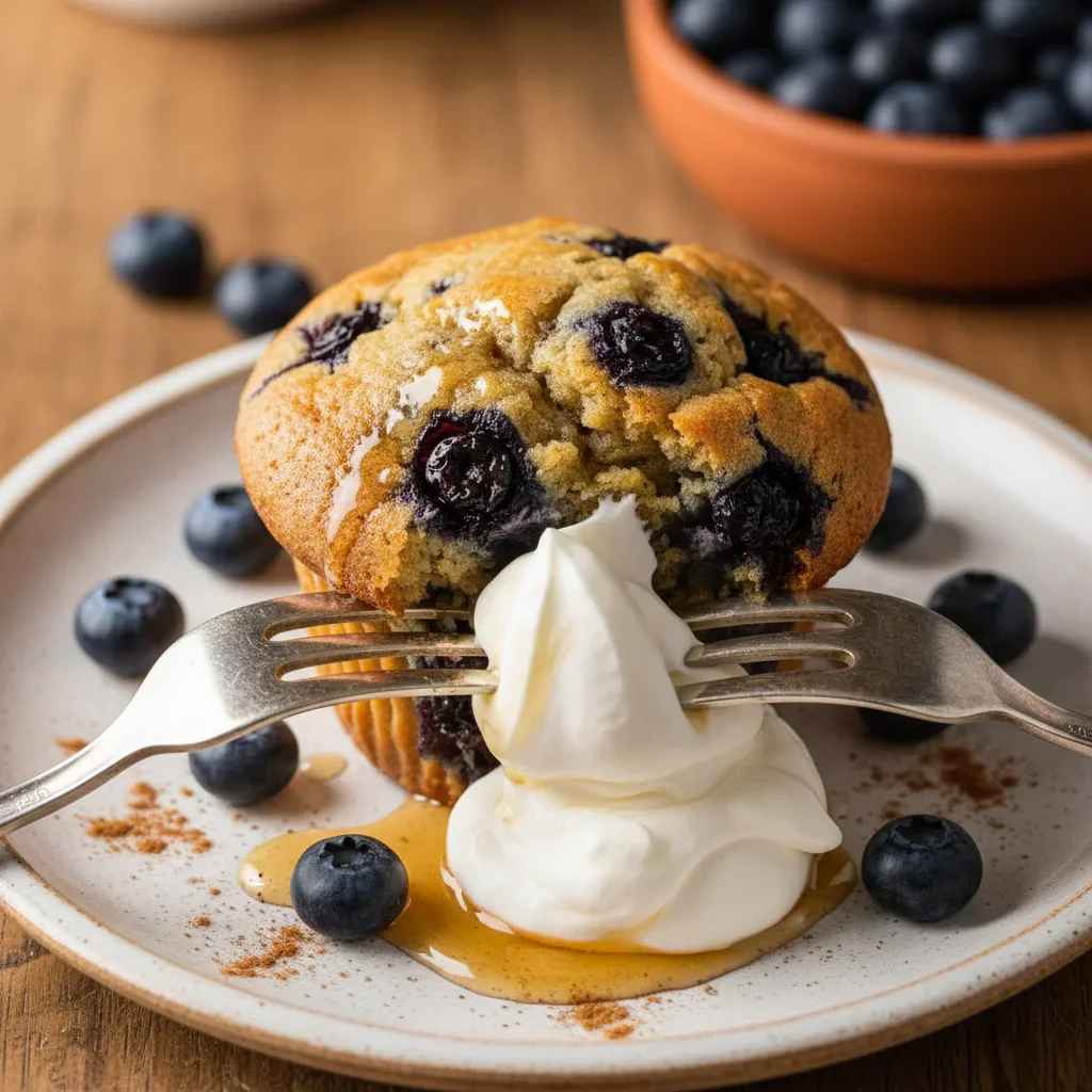 Blueberry muffin topped with yogurt and fresh blueberries on a white plate, with cinnamon dusting and a rustic background.