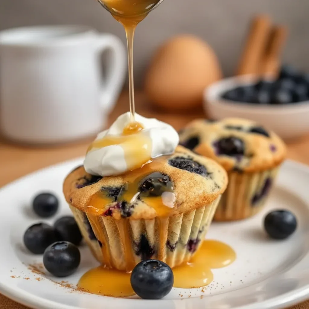 Blueberry muffins topped with whipped cream and caramel sauce, surrounded by fresh blueberries on a white plate.