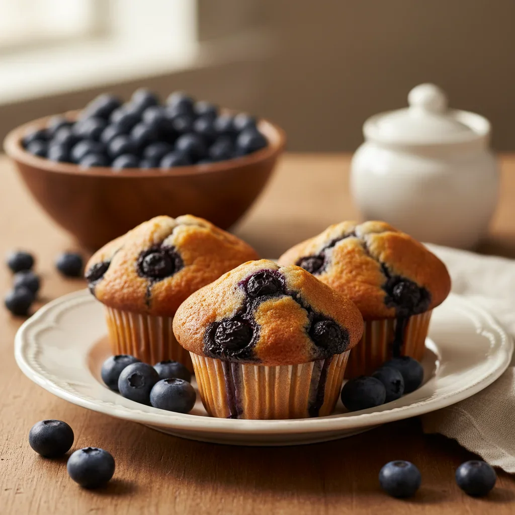 Three blueberry muffins on a white plate with scattered blueberries, in a cozy kitchen setting.