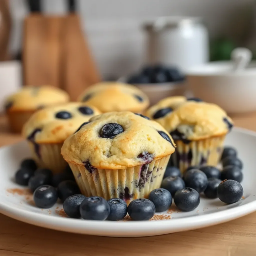Fresh blueberry muffins with blueberries scattered around on a white plate.