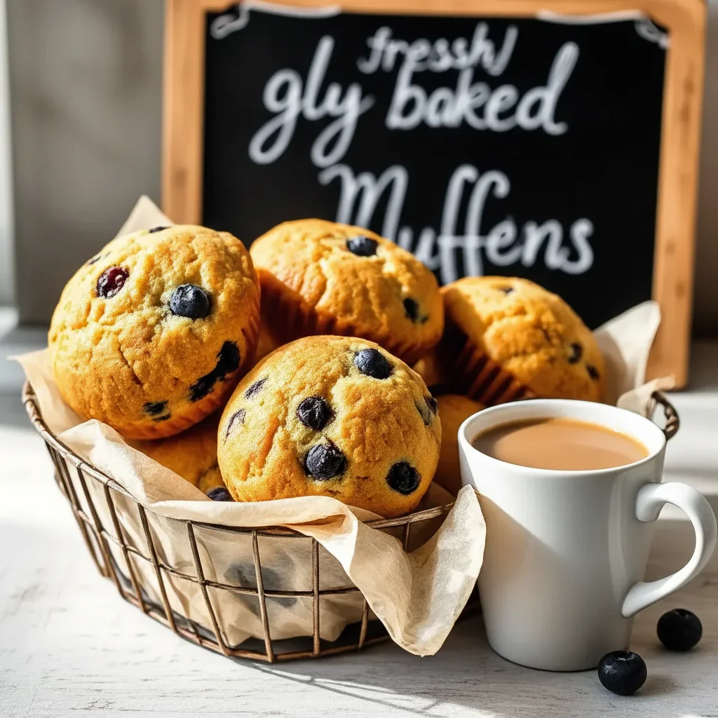 Freshly baked blueberry muffins in a wire basket with a cup of coffee on a white wooden surface.
