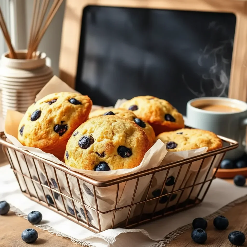 Basket of golden blueberry muffins with blueberries and a chalkboard sign in the background.