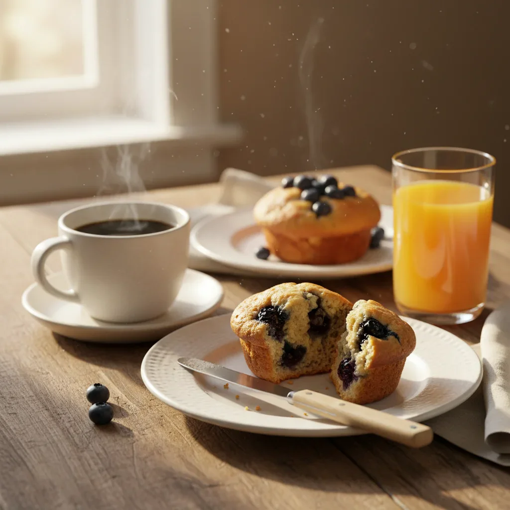 A blueberry muffin on a white plate with coffee, orange juice, and a blueberry pastry in the background.