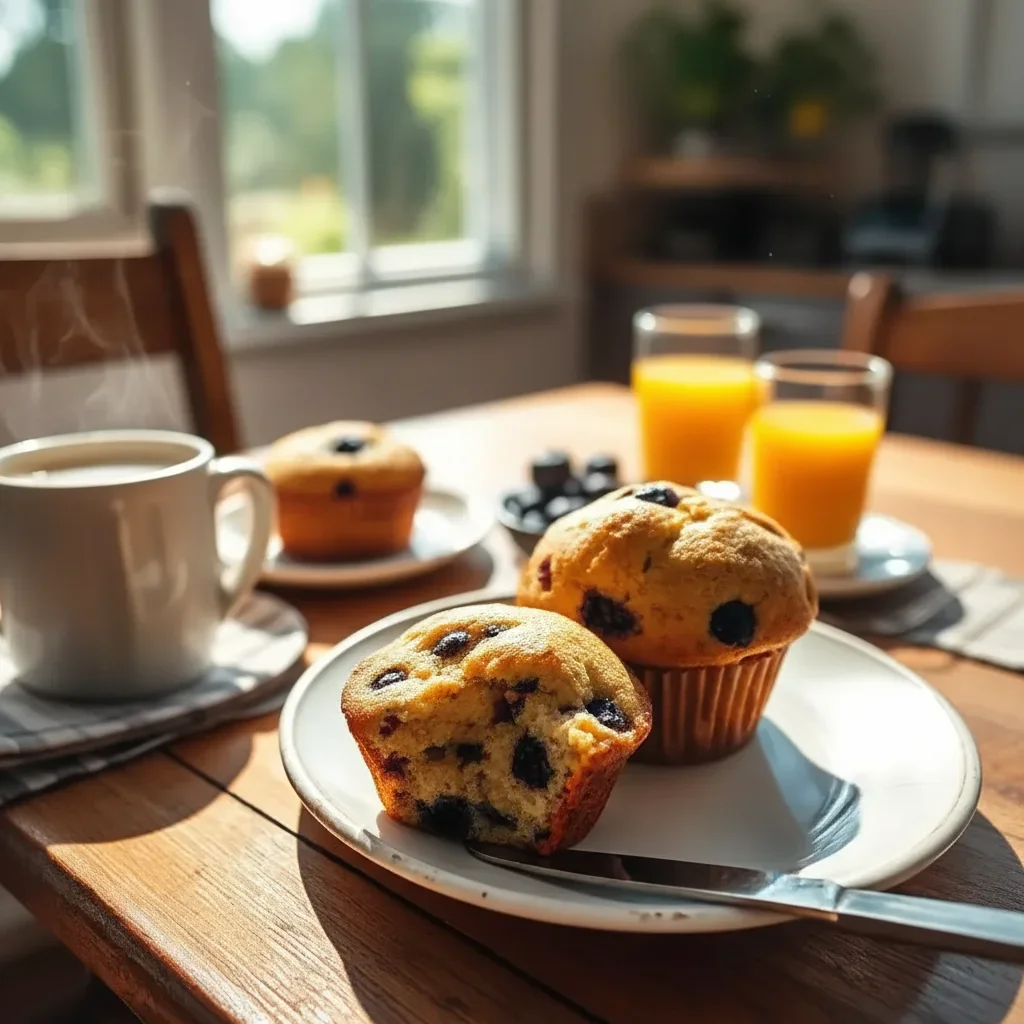 Two blueberry muffins on a white plate with glasses of orange juice and a mug on a wooden table in sunlight.