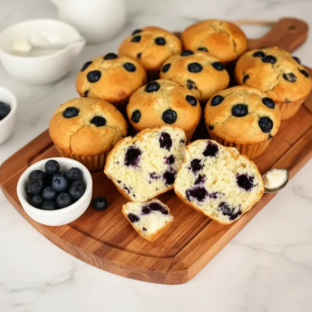 Fresh blueberry muffins with blueberries inside and on top, arranged on a wooden board with bowls of blueberries nearby.