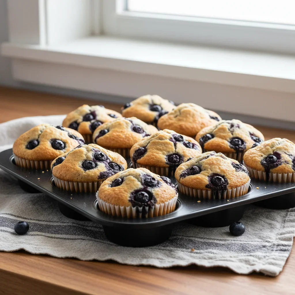 Freshly baked blueberry muffins with blueberries on top cooling on a black tray, warm and inviting scene.