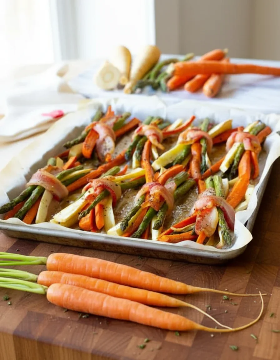 Fresh vegetables wrapped in bacon on a baking tray, ready for cooking, with more raw veggies in the background.