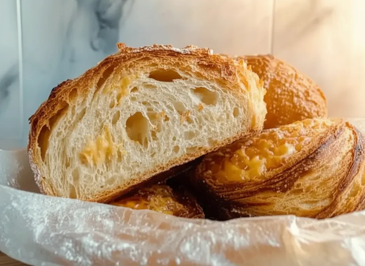 Close-up of a sliced, golden-brown croissant showing flaky layers and soft interior on parchment paper.
