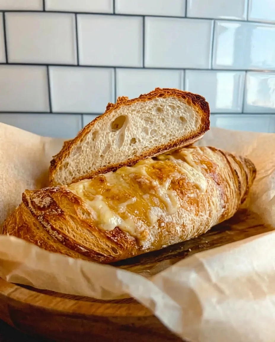 Golden, flaky cheese croissant with melted cheese oozing out, on parchment paper with a tiled kitchen background.