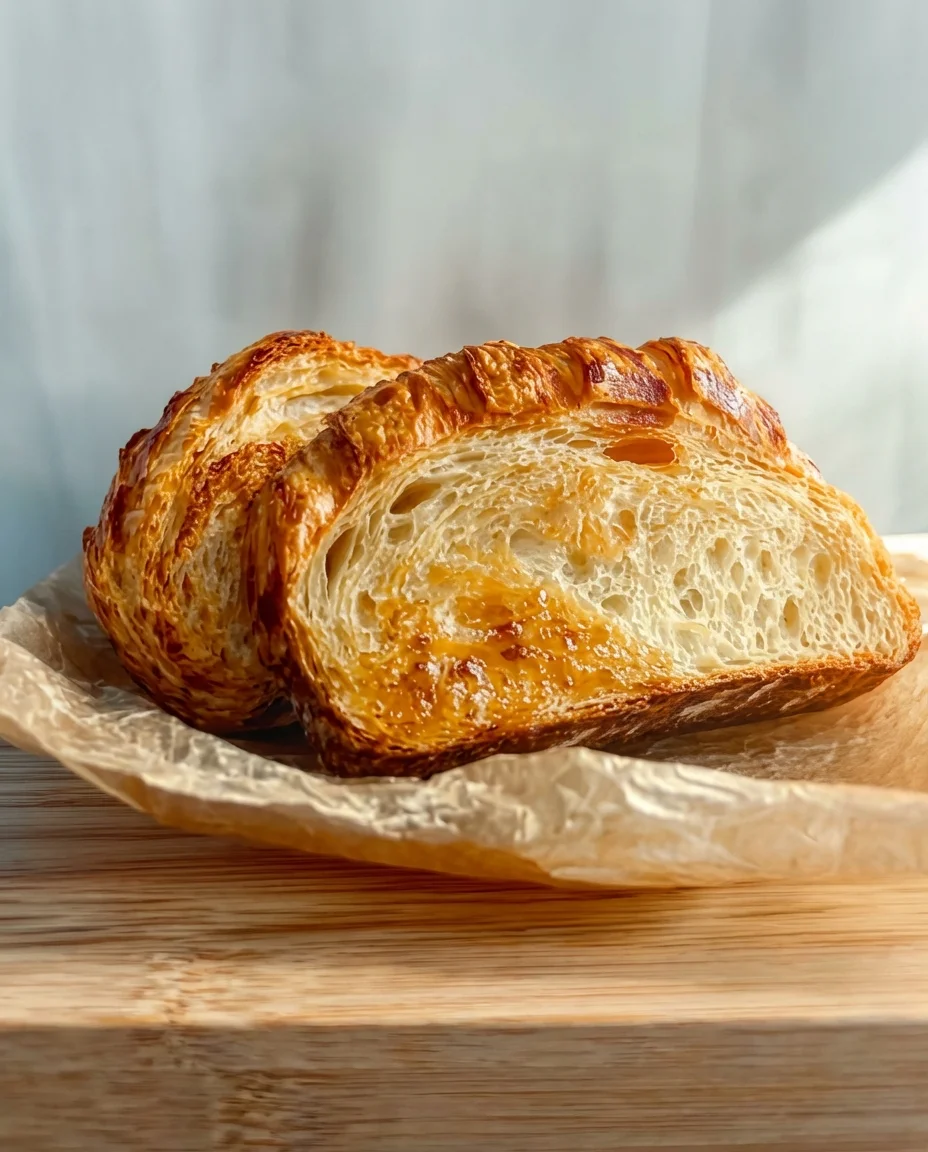Close-up of a golden, flaky croissant on parchment paper with a warm, inviting background.