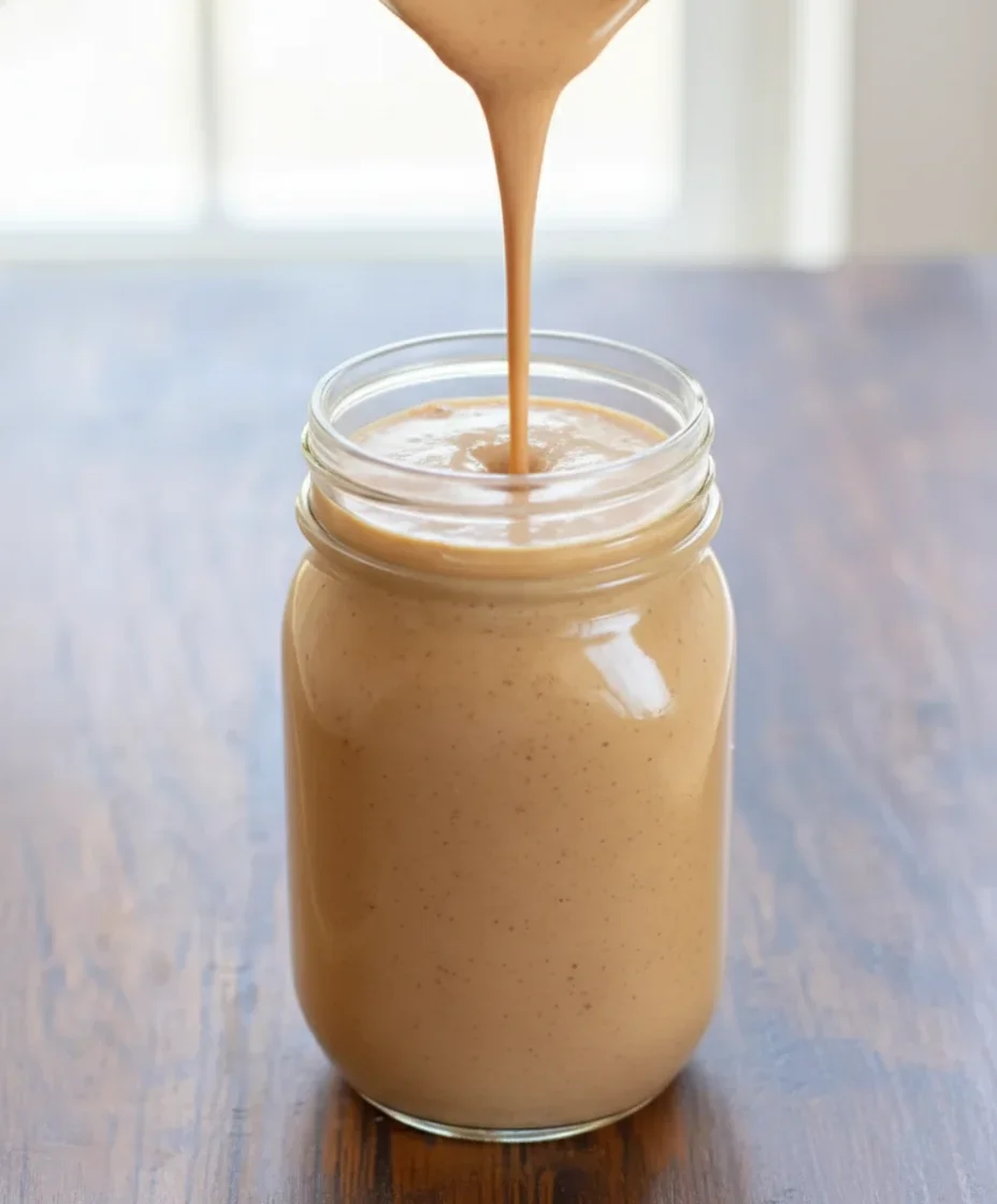 A glass jar filled with a creamy, light brown smoothie, with a spoon pouring more into it on a wooden surface.