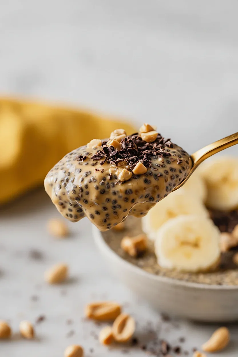 Peanut Butter Chia Seed Pudding Creamy peanut butter chia pudding topped with nuts and chocolate shavings.