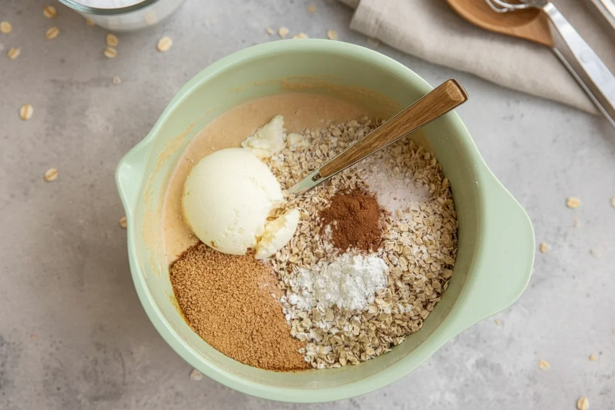 Mixing bowl with ice cream, oats, cocoa powder, flour, and sugar for baking.
