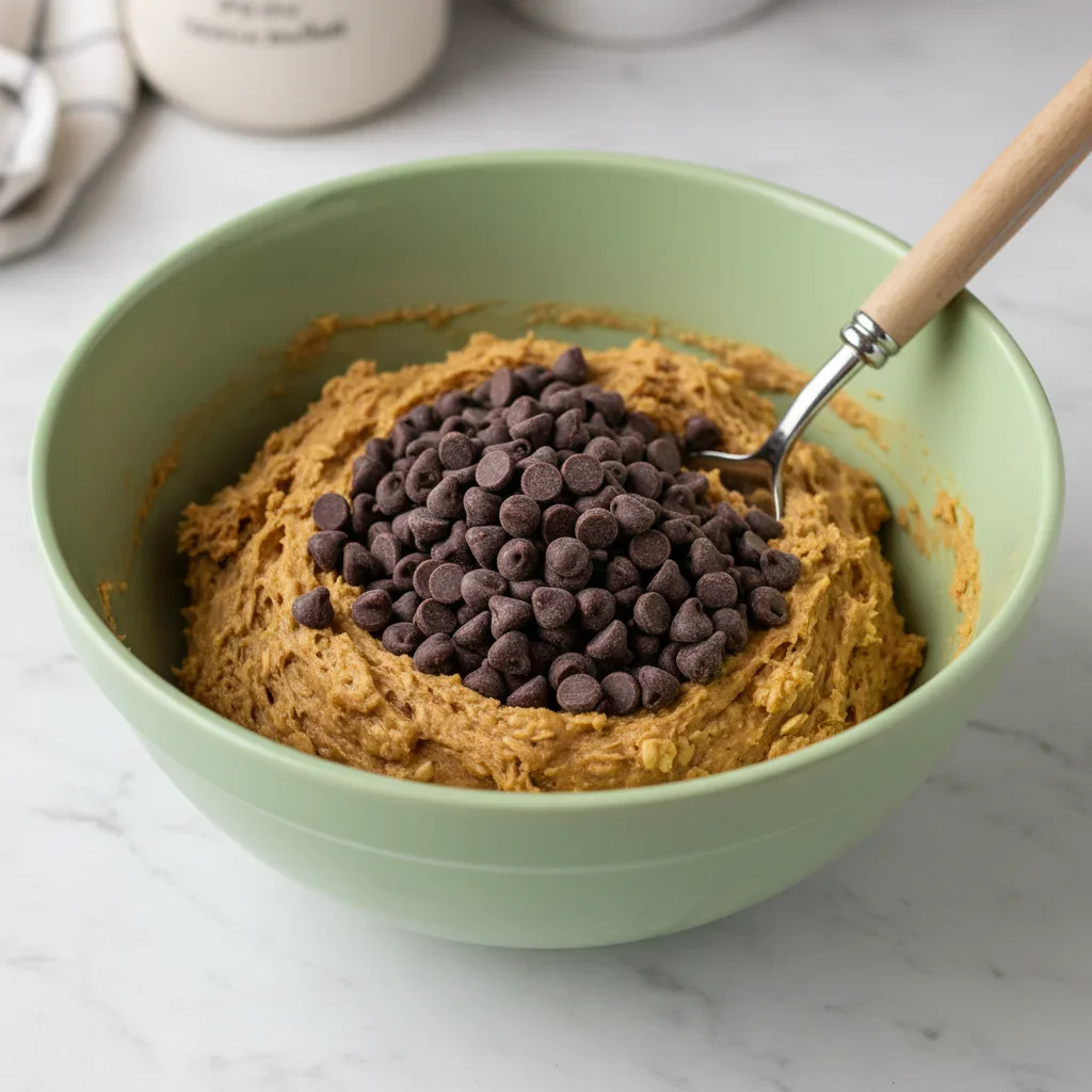 Mixing bowl with cookie dough and chocolate chips, ready for baking or shaping.