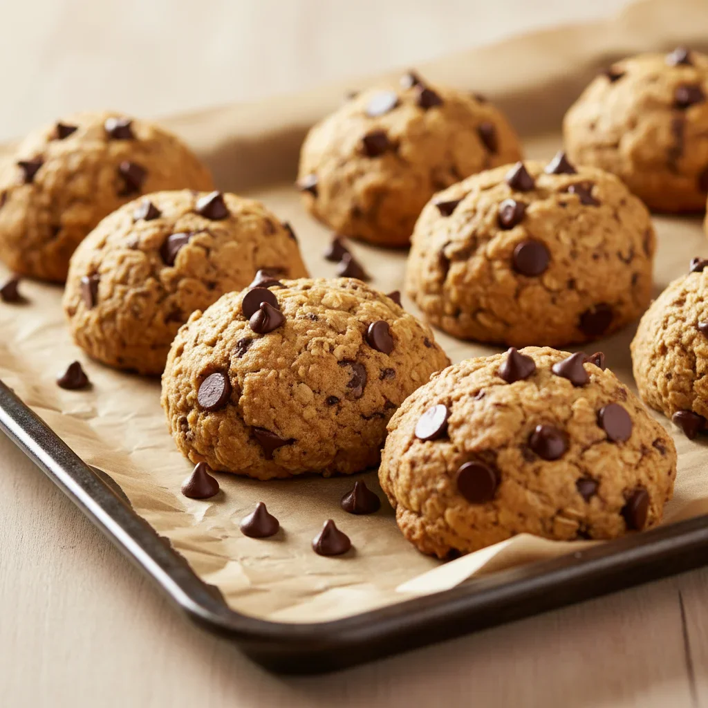 Cookie dough balls with chocolate chips on parchment paper, ready for baking.