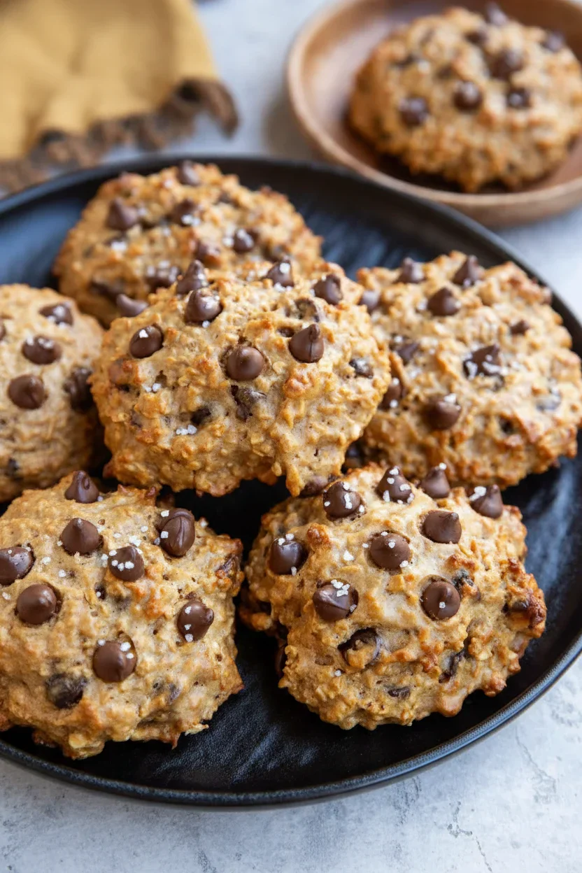 Freshly baked oatmeal chocolate chip cookies with sea salt on a black plate, with a cookie in a wooden bowl in the background.