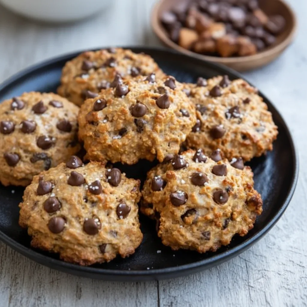 Close-up of homemade chocolate chip cookies with golden-brown edges and melted chocolate chips on a black plate.
