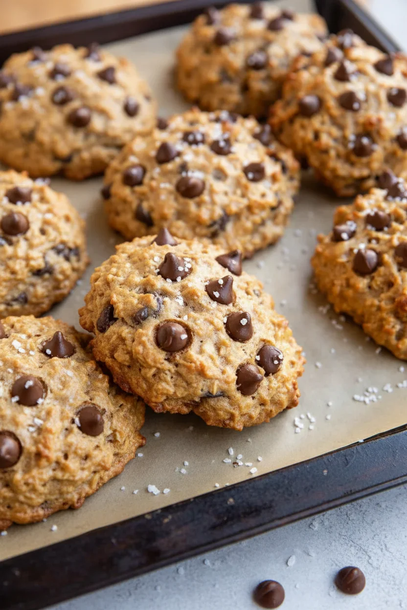 Close-up of homemade oatmeal cookies with chocolate chips and sea salt on parchment paper.