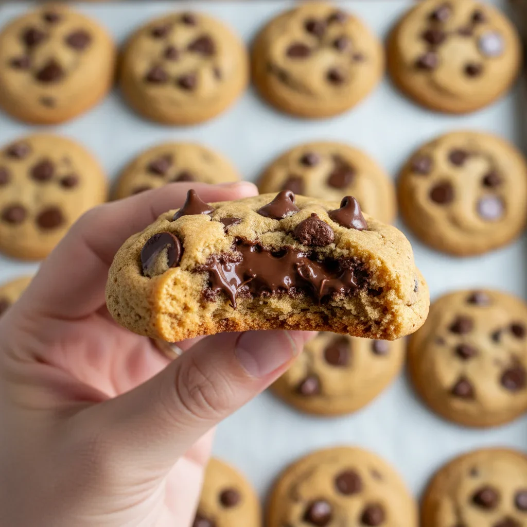 Close-up of a bitten chocolate chip cookie held in hand with a tray of cookies in the background.
