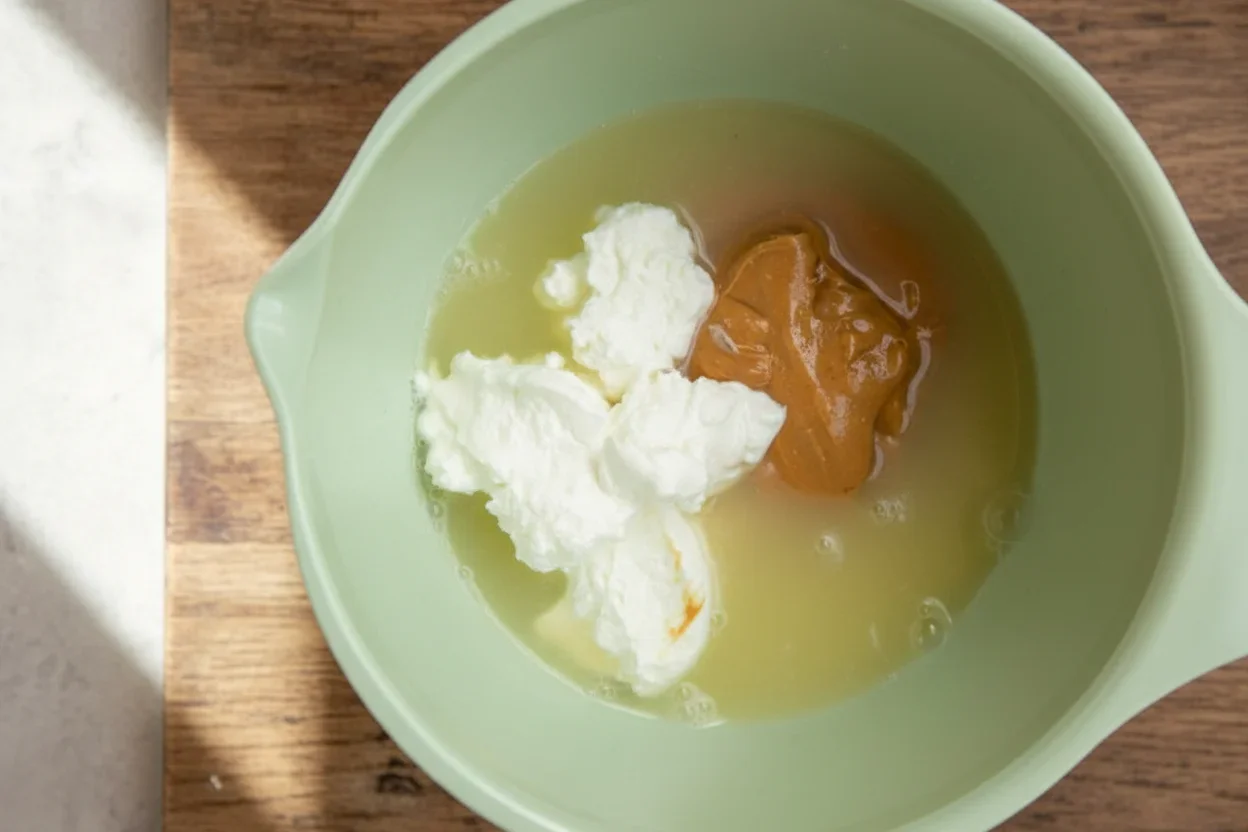 Mix of cream cheese, peanut butter, and liquid in a light green bowl on a neutral surface.
