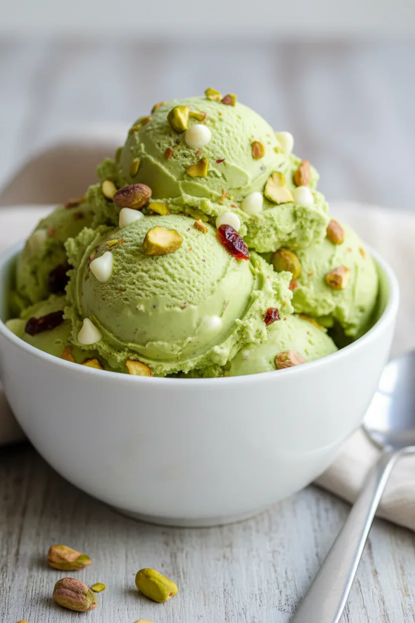 Close-up of bright green ice cream with nuts in a white bowl, with a blurred background.