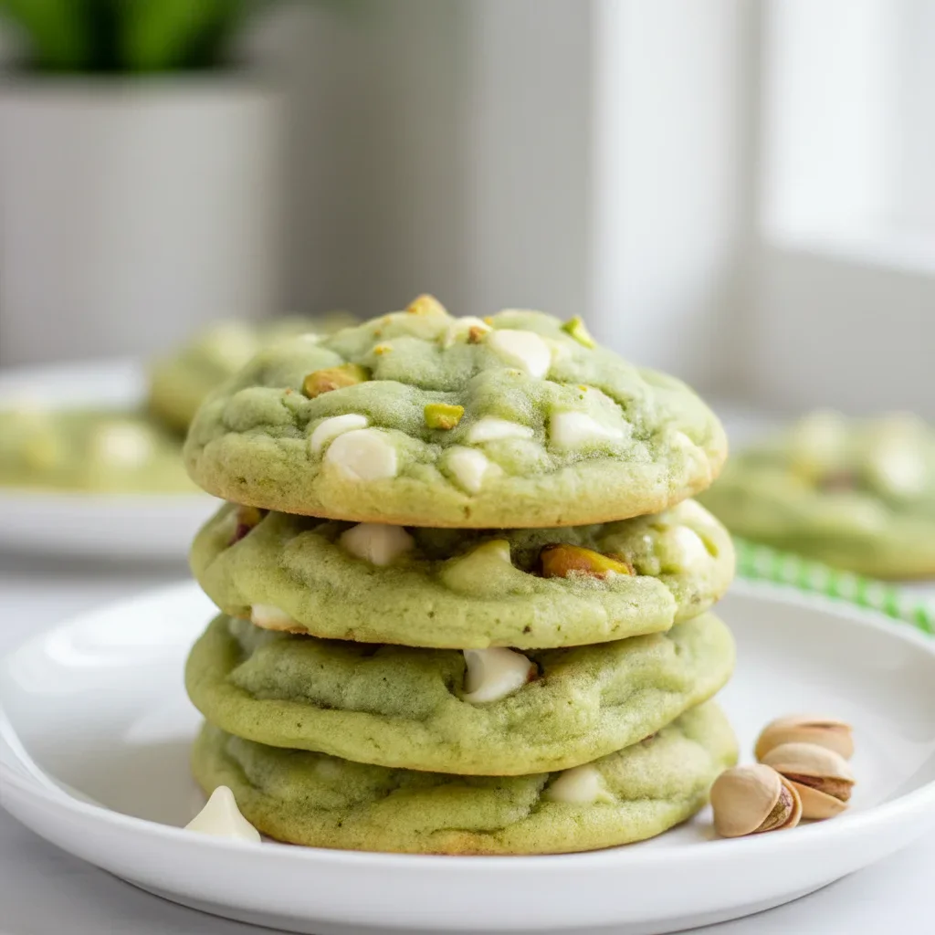 Stack of green cookies with white chocolate chips on a white plate, bright and inviting presentation.