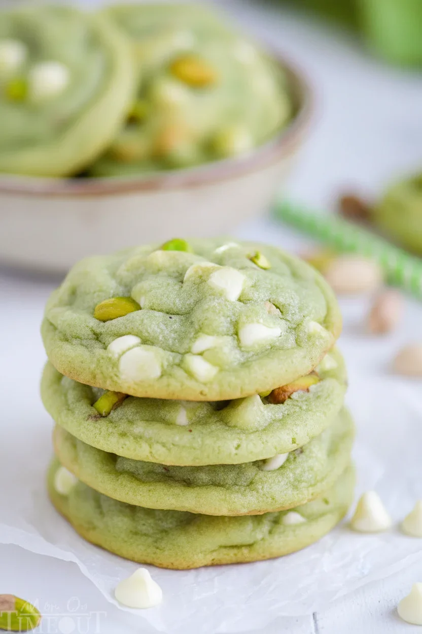 Stacked green matcha cookies with white chocolate chips and pistachios on white parchment paper.