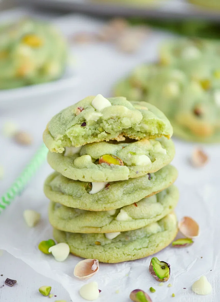 Stack of green pistachio cookies with chocolate chips on parchment paper, scattered pistachio shells around.