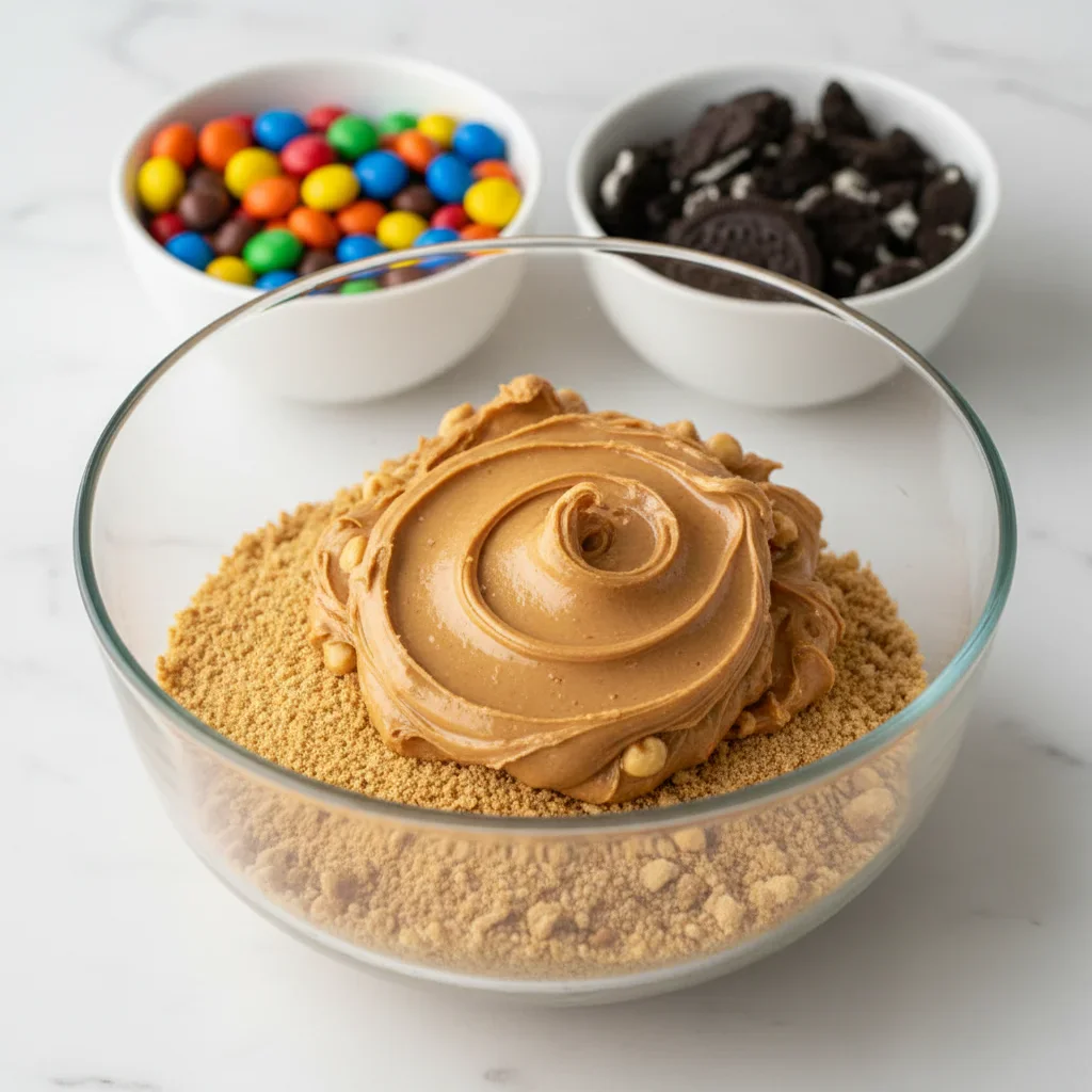 proteinprocessshotsSCALED-1-of-4.jpg Glass bowl with crushed graham crackers and peanut butter, with bowls of M&Ms and chocolate cookies in the background.