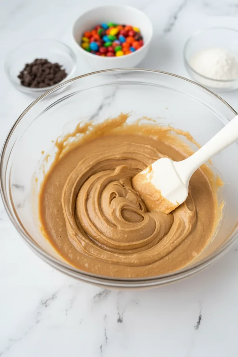 proteinprocessshotsSCALED-3-of-4-200x300.jpg Glass bowl with cookie dough and a spatula, with colorful candies and chocolate chips in the background.