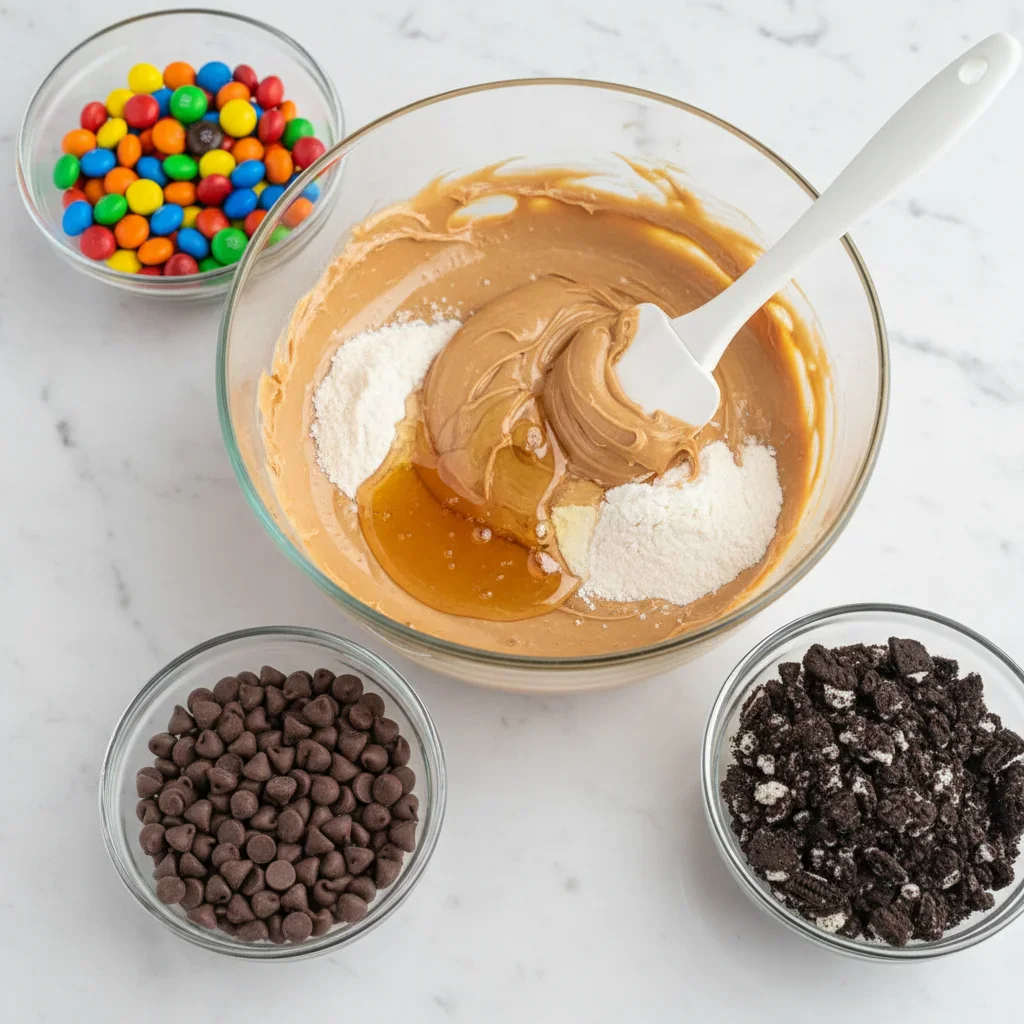 proteinprocessshotsSCALED-3-of-4.jpg A glass bowl with peanut butter and honey mixture, surrounded by bowls of sprinkles, chocolate chips, and crushed cookies.
