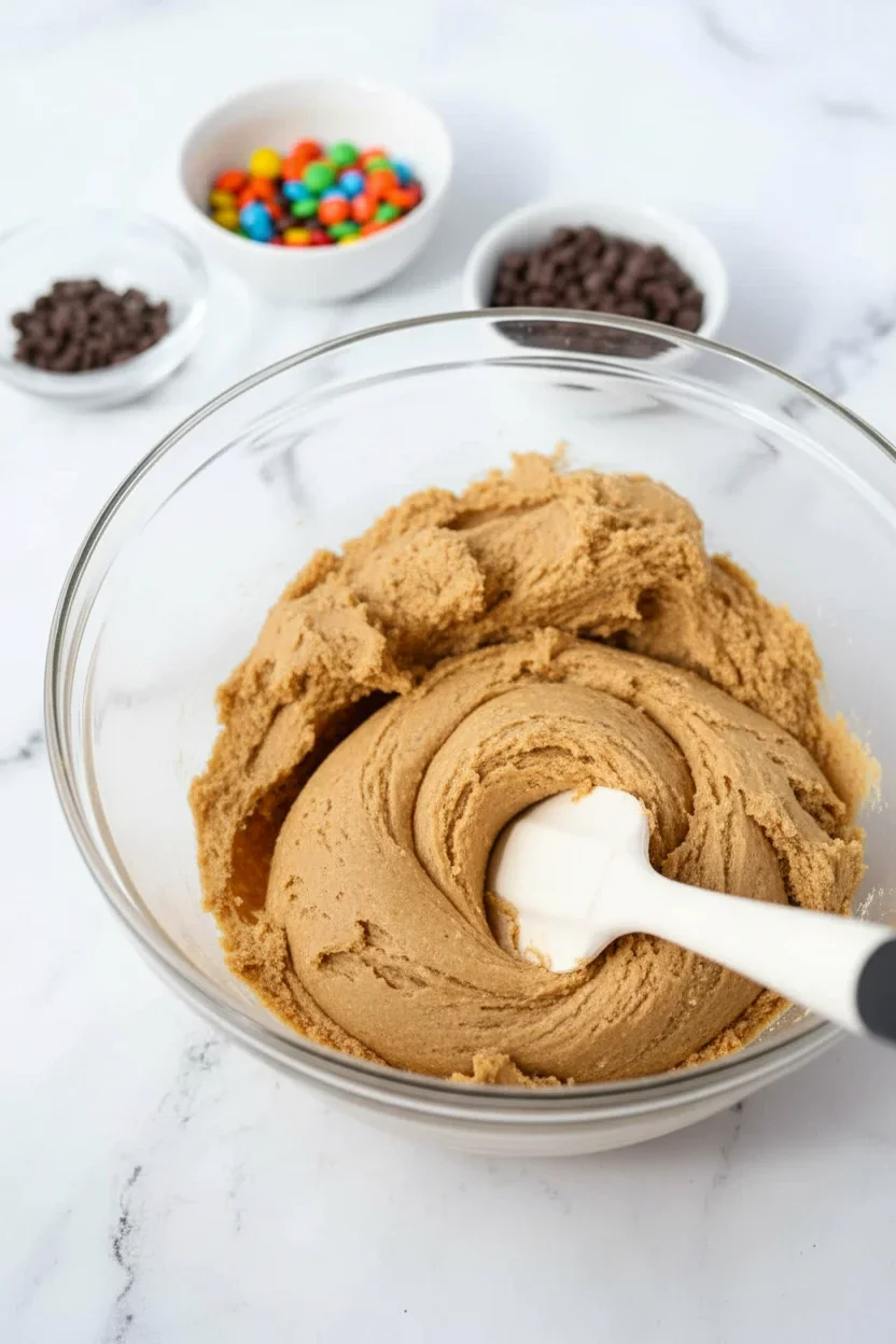 proteinprocessshotsSCALED-4-of-4.jpg Cookie dough in a glass bowl with sprinkles and chocolate chips in the background.