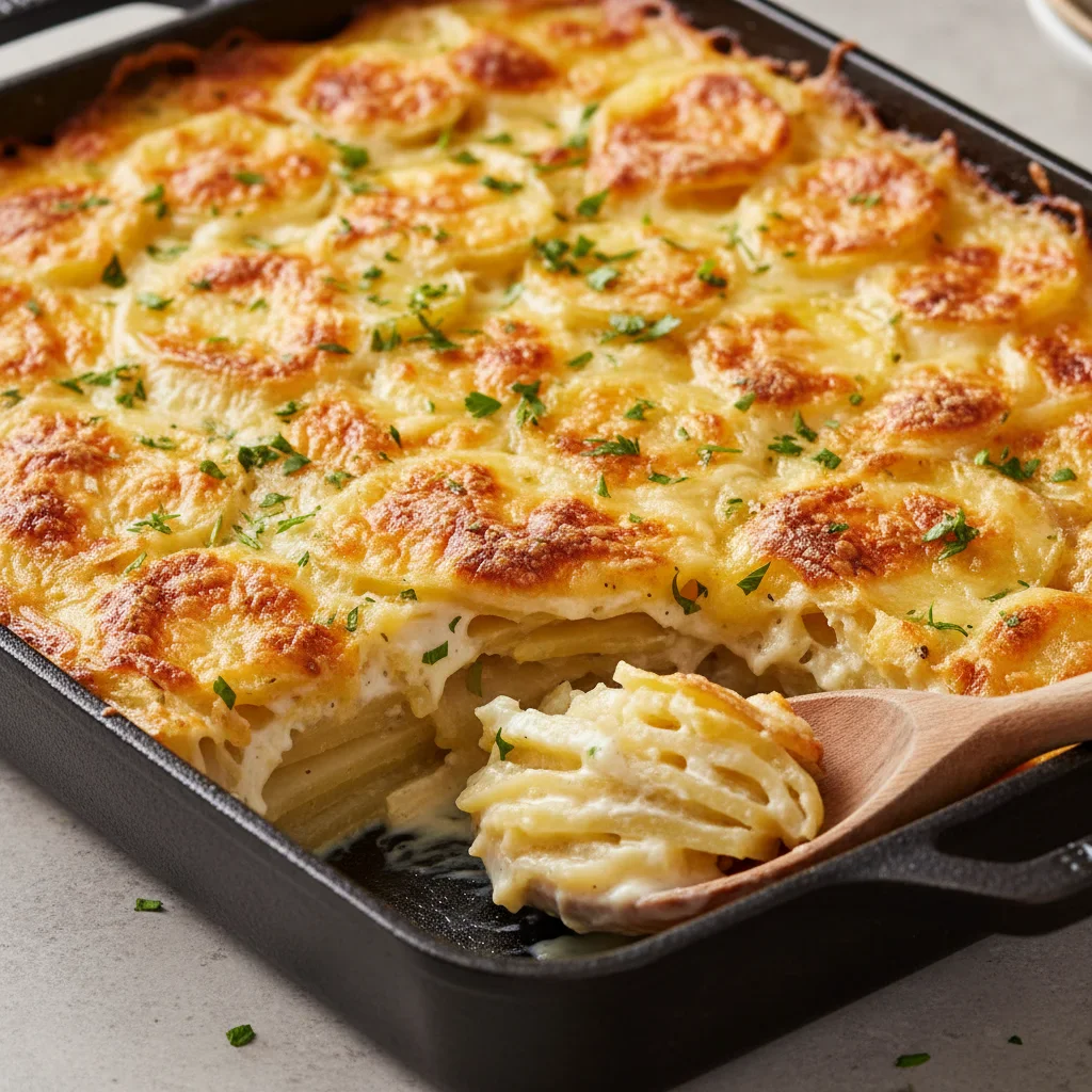 Creamy baked potato gratin with parsley garnish in a black baking dish, with a wooden spoon.