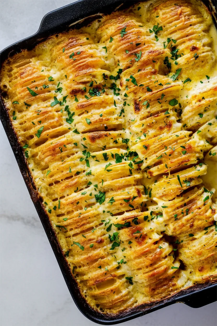 Creamy baked potato gratin with golden top and chopped parsley garnish in a black baking dish.