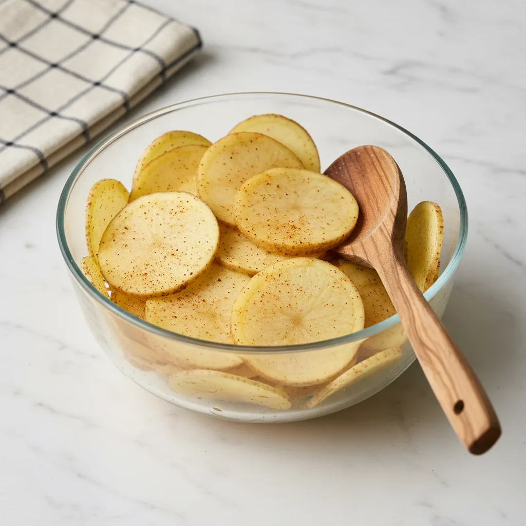 Uncooked seasoned potato chips in a glass bowl on a white marble surface with a checkered cloth nearby.