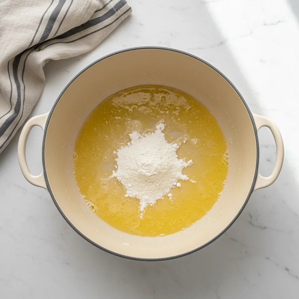 A pot with melted butter and flour ready to be mixed, on a white marble surface with a striped towel nearby.