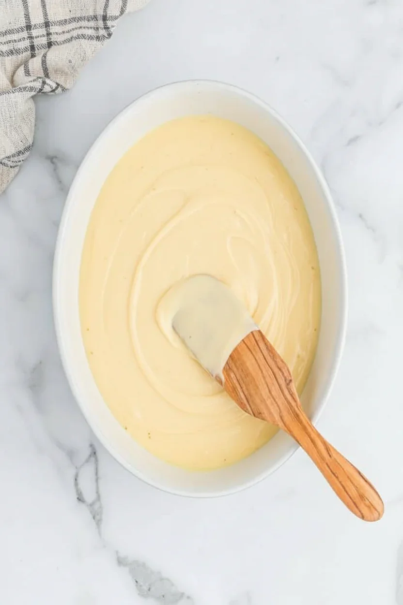 Oval baking dish filled with smooth, creamy mixture on a white marble surface with a checkered cloth nearby.