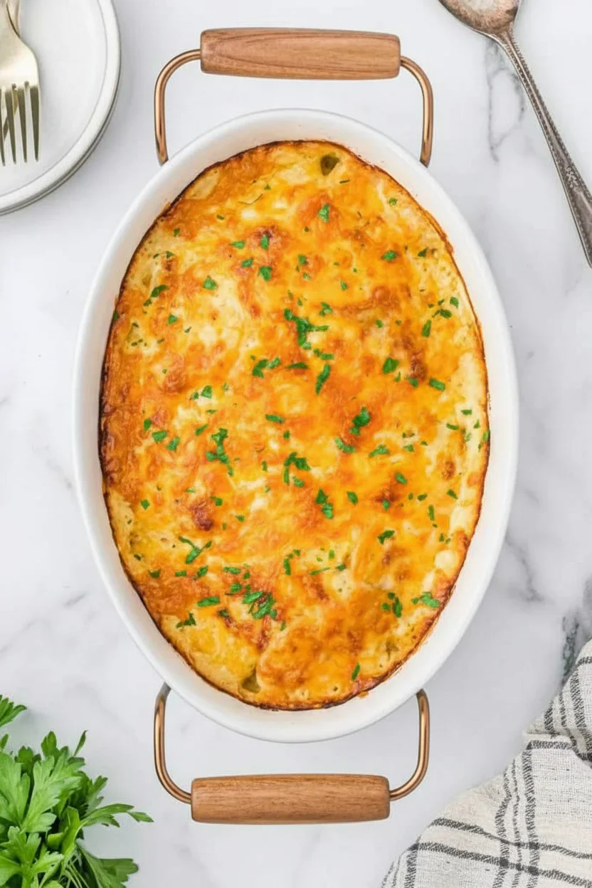 Golden baked cheese casserole topped with parsley on a white marble surface with utensils and herbs.