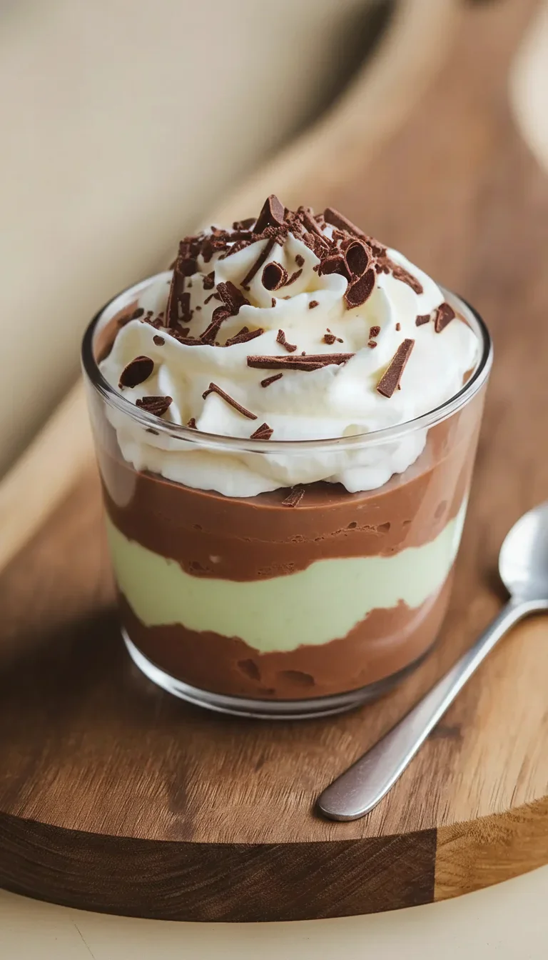 Layered dessert in a glass with whipped cream and chocolate shavings on top, served on a wooden board.