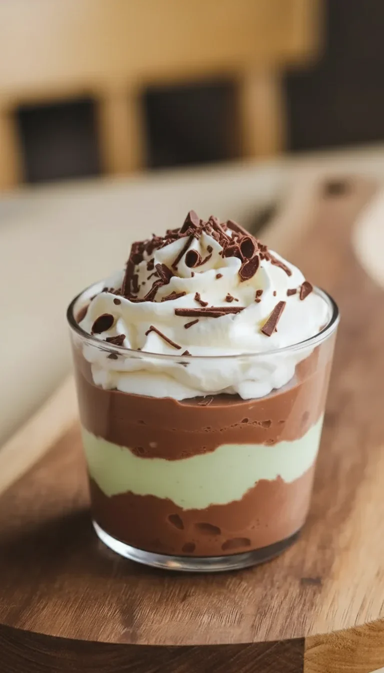 A glass of layered chocolate, green cream, and whipped cream dessert topped with chocolate shavings on a wooden surface.