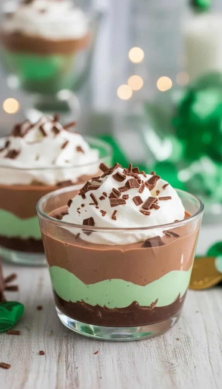 Layered shamrock shake pudding in clear glasses topped with whipped cream and chocolate shavings.