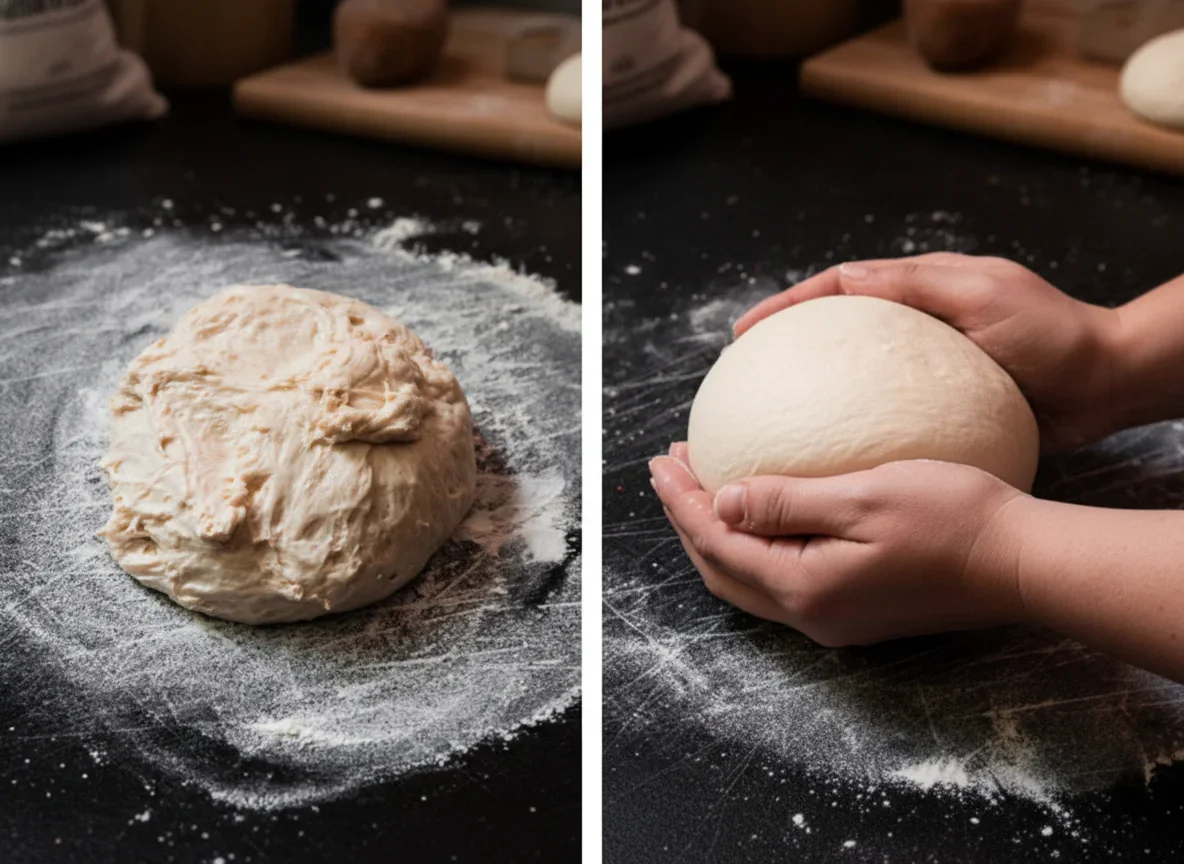 Hands kneading and shaping smooth dough on a floured dark surface, showing the bread-making process.