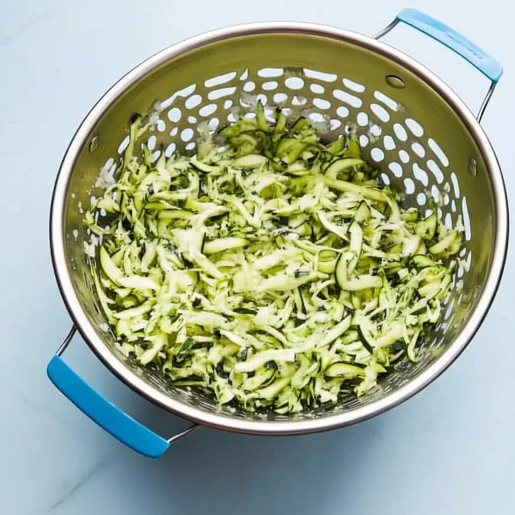 Freshly shredded zucchini in a stainless steel colander on a blue surface.