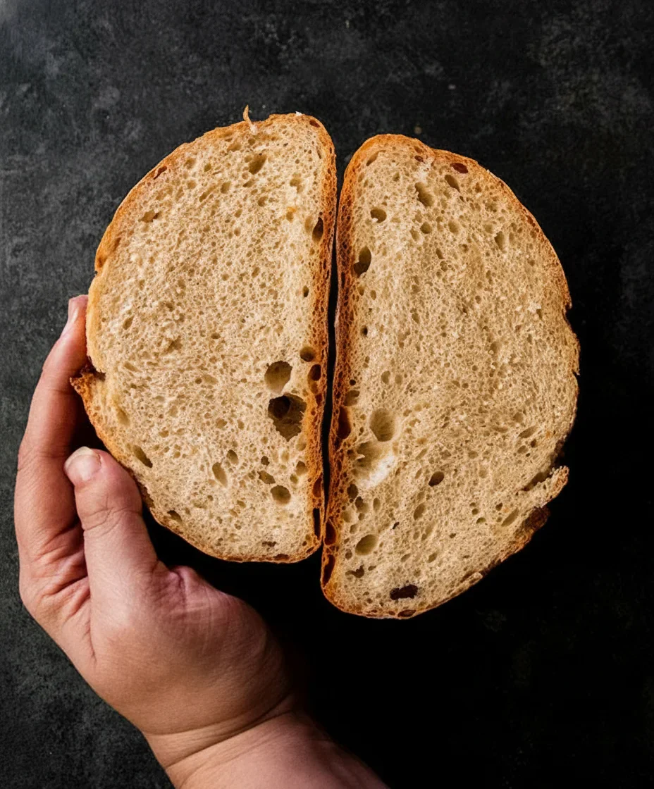 A hand holding a halved loaf of bread with a golden crust and airy interior against a dark background.